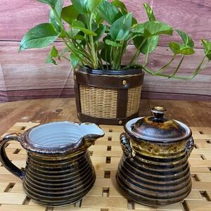 Brown Glazed Pottery Creamer And Sugar Set